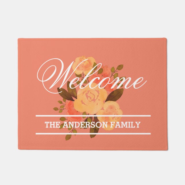ADD NAME  | Beautiful Peach Floral Welcome Doormat (Front)