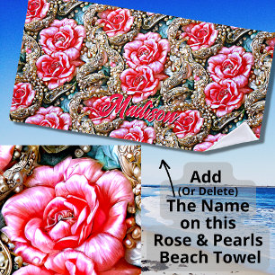 Add Name, Beautiful Pink Flowers & Pearls Beach Towel