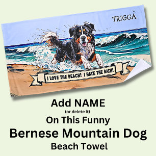 Add Name, Bernese Mountain Dog Splashing Waves Dog Beach Towel
