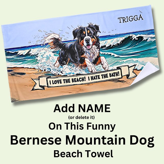 Add Name, Bernese Mountain Dog Splashing Waves Dog Beach Towel (Creator Uploaded)