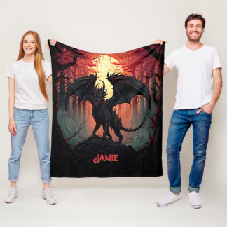 Add Name Black Dragon in Forest at Sunset Fleece Blanket