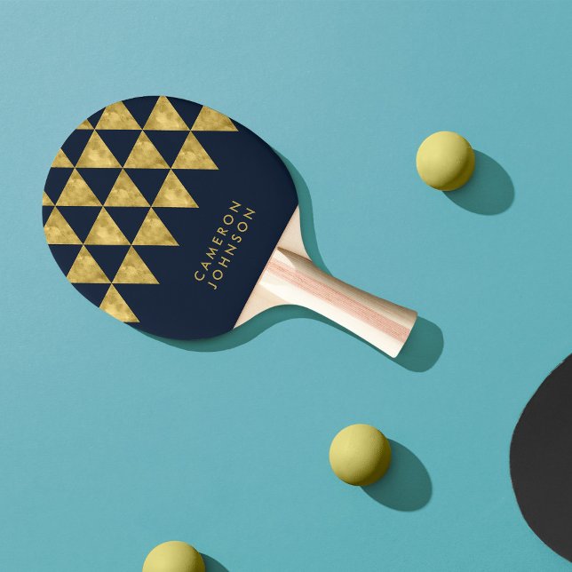 Add Name Blue and Faux Gold Triangle Pattern Ping Pong Paddle (Creator Uploaded)