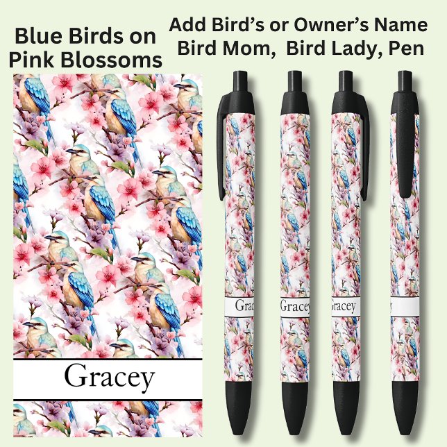 Add Name, Blue Birds on Pink Blossoms Black Ink Pen (Creator Uploaded)