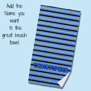 Add Name, Blues & Black Stripes Beach Towel