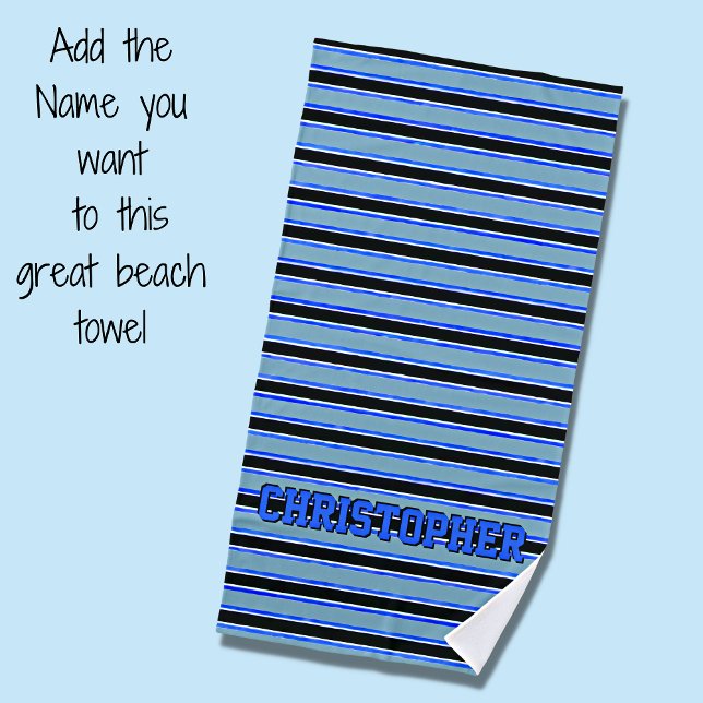 Add Name, Blues & Black Stripes Beach Towel (Creator Uploaded)