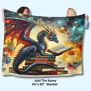 Add Name, Book Dragon for Fantasy Reader Bookworm  Fleece Blanket