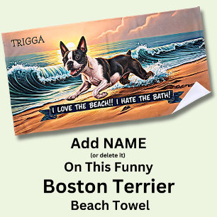 Add Name, Boston Terrier Splashing in Waves Dog Beach Towel
