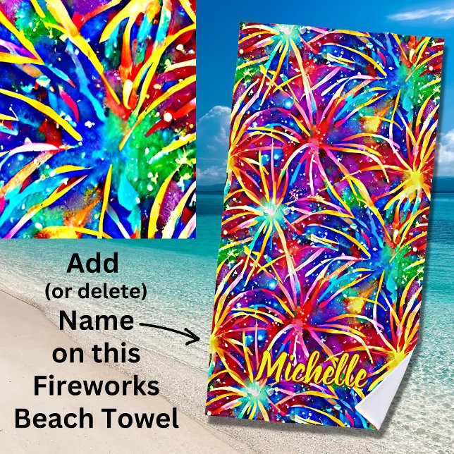 Add Name Bright Fireworks, Watercolor Painting Beach Towel (Creator Uploaded)