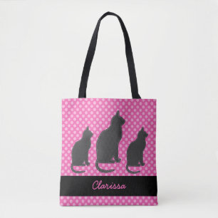 Add Name Bright Pink Polka Dot with Black Cats Tote Bag