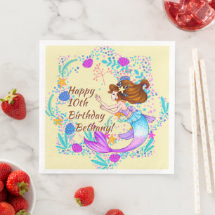 Add Name Brown Hair Mermaid Mauve on Cream Party Napkin
