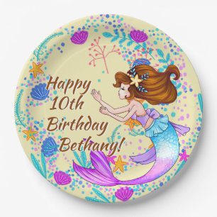 Add Name Brown Hair Mermaid Mauve on Cream Party Paper Plate