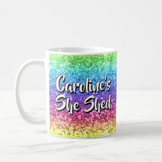 Add Name Change Any Text She Shed Sparkle Rainbow  Coffee Mug (Left)