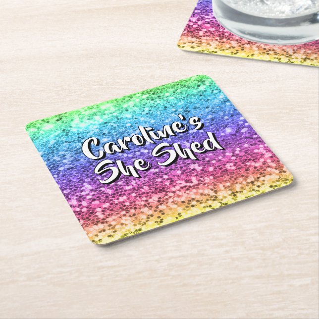 Add Name Change Any Text She Shed Sparkle Rainbow  Square Paper Coaster (Angled)