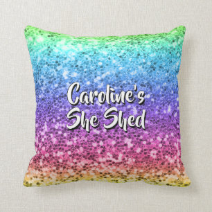 Add Name Change Any Text She Shed Sparkle Rainbow Throw Pillow