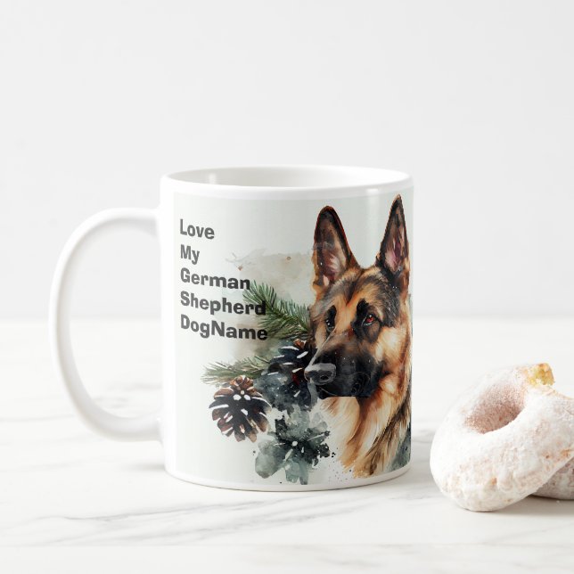 Add Name Change Text, German Shepherd in Snow #3 Coffee Mug (With Donut)