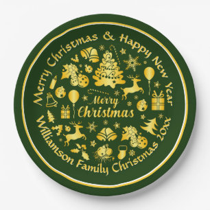 Add Name Change Text Gold  Green Christmas 20xx 9" Paper Plate