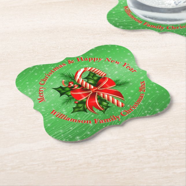 Add Name Change Text Red Green Christmas 20xx Paper Coaster (Angled)