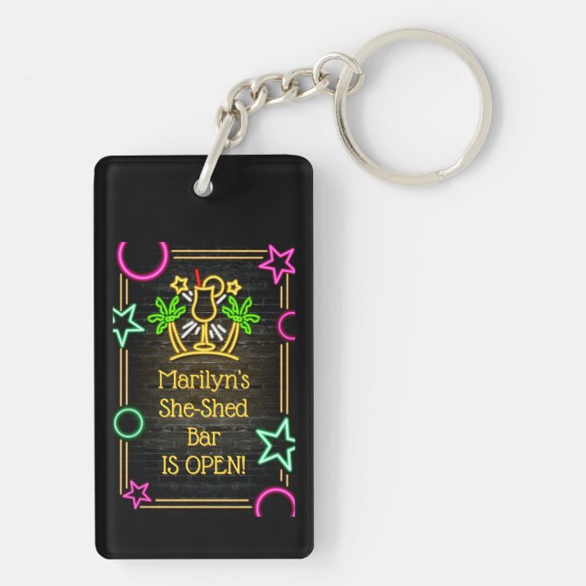 Add Name Change Text She-Shed Bar Cocktails Keychain (Back)