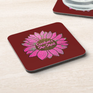 Add Name Change Text She Shed Pink Sunflower Coaster