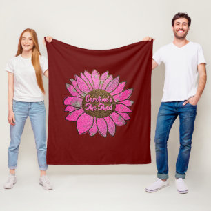 Add Name Change Text She Shed Pink Sunflower       Fleece Blanket