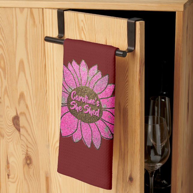 Add Name Change Text She Shed Pink Sunflower       Kitchen Towel (Thirds Fold)