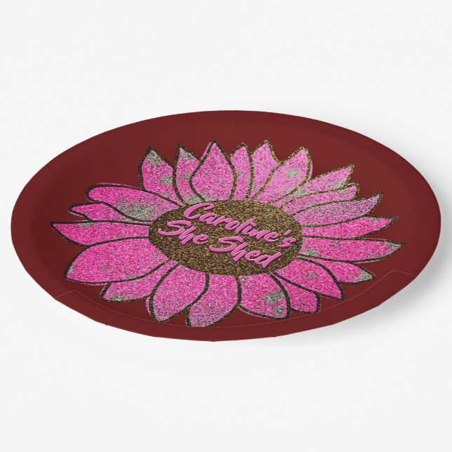 Add Name  Change Text She Shed Pink Sunflower      Paper Plate (Angled)