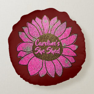 Add Name Change Text She Shed Pink Sunflower Round Pillow