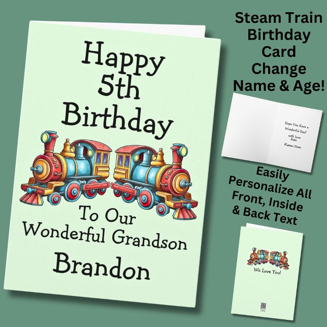Add Name Child's  2 Steam Trains  Boy's Card (Creator Uploaded)