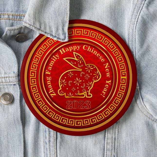 Add Name Chinese New Year 2023 Rabbit Gold Red 6"  6 Inch Round Button (In Situ)