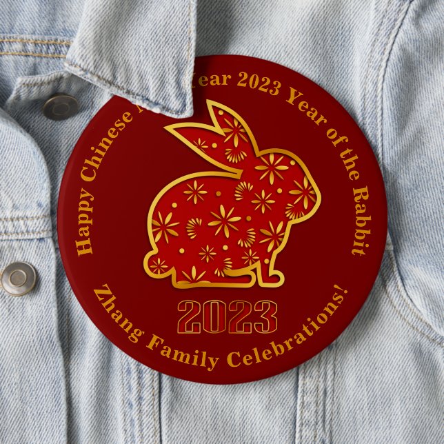 Add Name Chinese New Year 2023 Rabbit Gold Red 6" 6 Inch Round Button (In Situ)