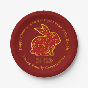 Add Name Chinese New Year 2023 Rabbit Red Gold 7" Paper Plate
