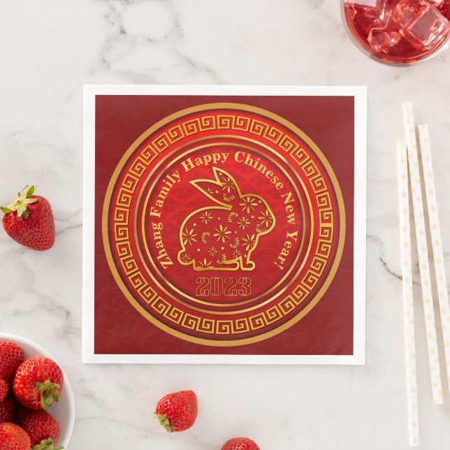 Add Name Chinese New Year 2023 Rabbit Red Gold Napkin (Insitu)