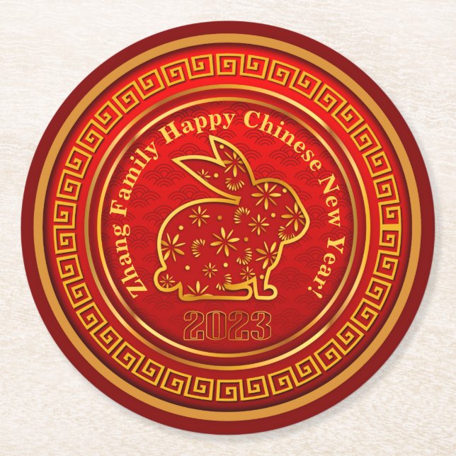 Add Name Chinese New Year 2023 Rabbit Red Gold   Round Paper Coaster (Front)