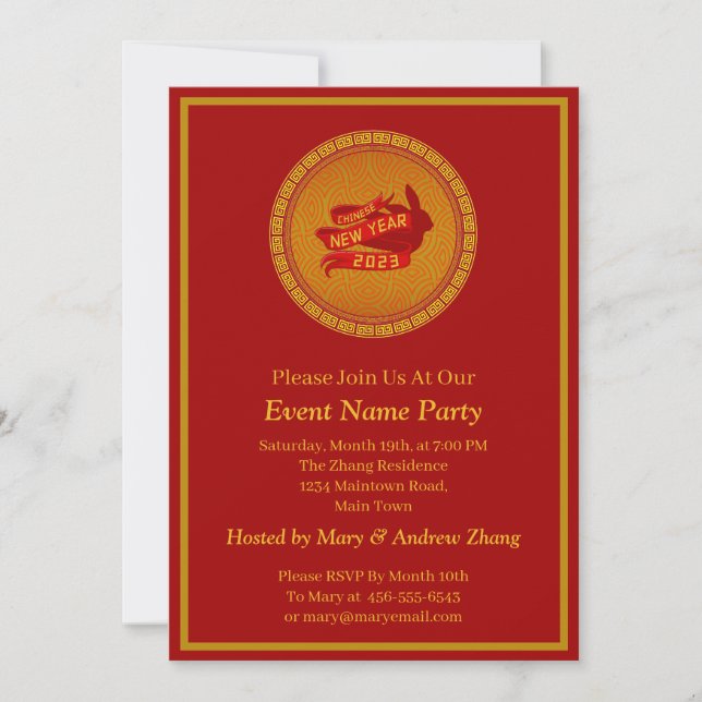Add Name Chinese New Year 2023 Year Rabbit Gold  Invitation (Front)