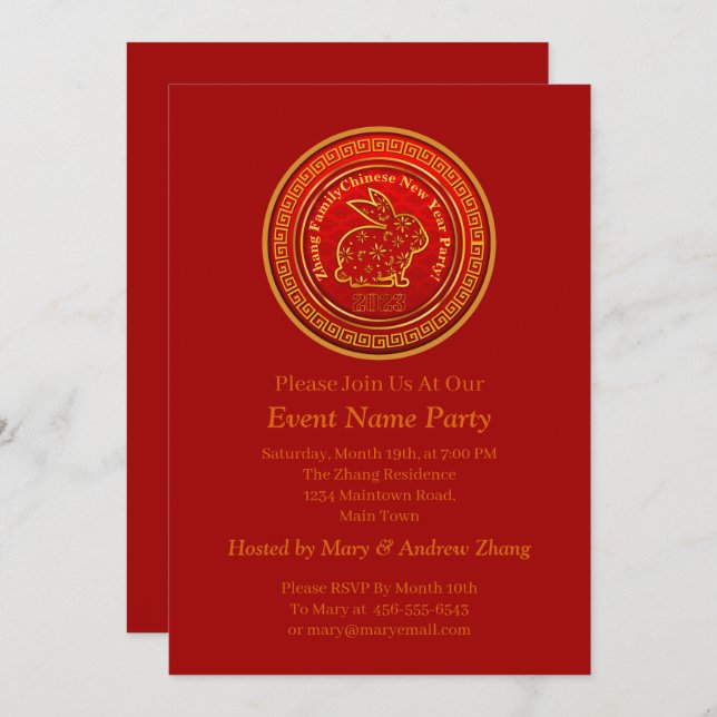 Add Name Chinese New Year 2023 Year Rabbit Gold  Invitation (Front/Back)