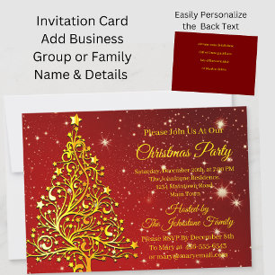 Add Name Christmas Red Gold Tree Party Invitation