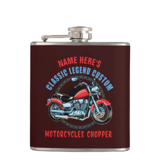Add Name Classic Custom Red Motorcycle Chopper     Hip Flask