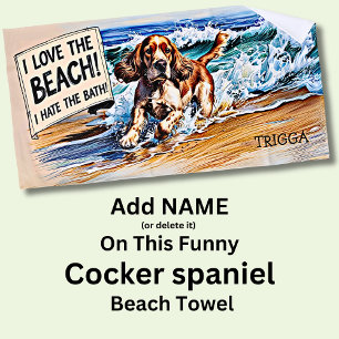 Add Name, Cocker Spaniel Splashing in Waves Dog Beach Towel