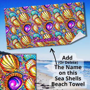 Add Name, Collection of Abstract Sea Shells Beach Towel