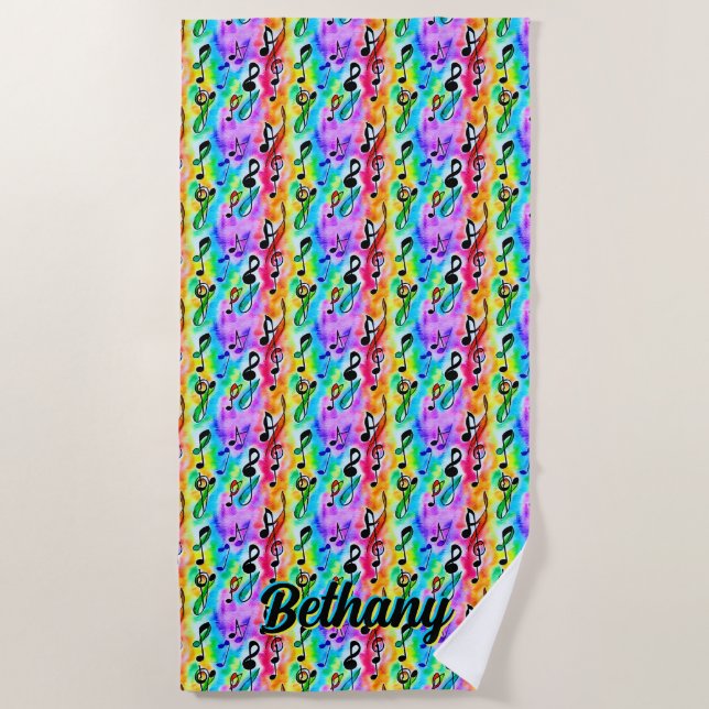 Add Name, Colourful Music Notes Abstract  Beach Towel (Front)