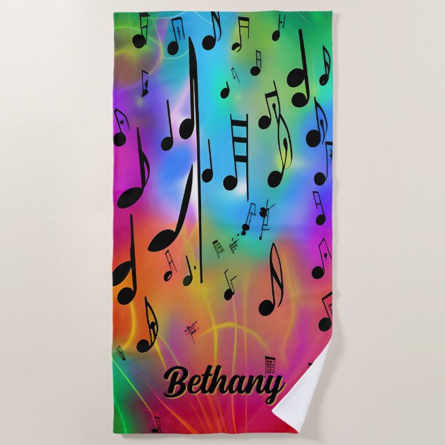 Add Name, Colourful Musical Notes  Beach Towel (Front)