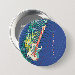   Add Name Cool Modern Teal & Blue Electric Guitar 3 Inch Round Button