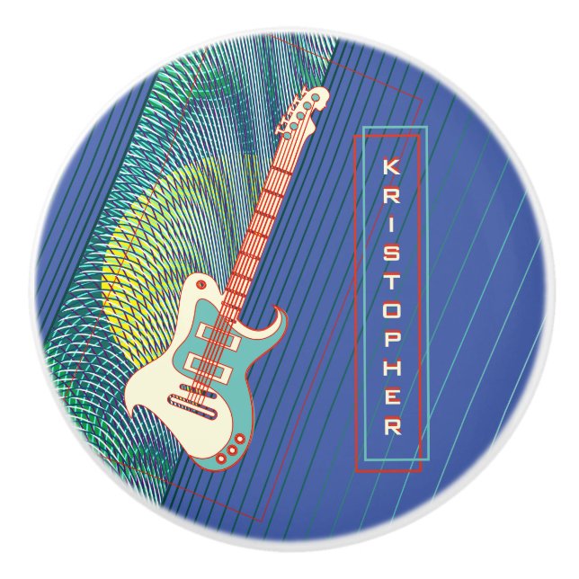   Add Name Cool Modern Teal & Blue Electric Guitar Ceramic Knob (Front)