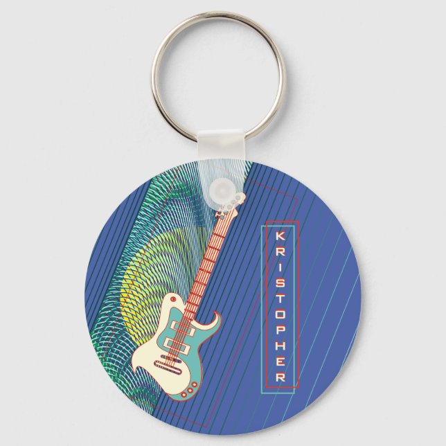   Add Name Cool Modern Teal & Blue Electric Guitar Keychain (Front)