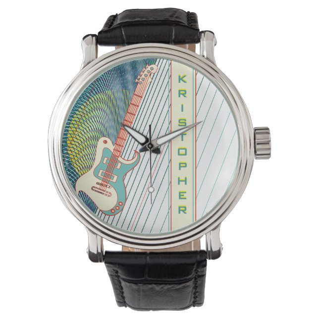  Add Name Cool Modern White & Teal Electric Guitar Watch (Front)