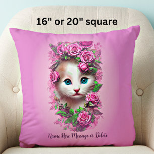 Add Name Cute Shabby Chic Kitten with Pink Roses Throw Pillow