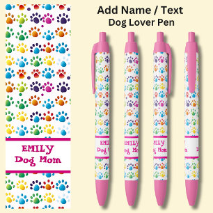 Add Name, 'Dog Mom', Dog Rainbow Paw Prints Black Ink Pen