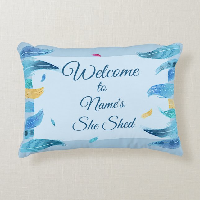 Add Name Edit Text She Shed Boho Blue Feathers     Accent Pillow (Front)