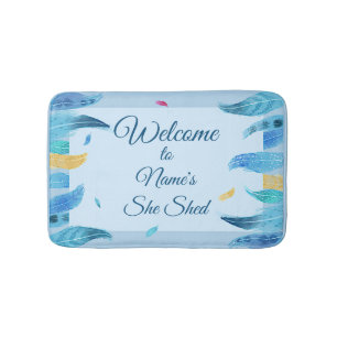 Add Name Edit Text She Shed Boho Blue Feathers Bath Mat