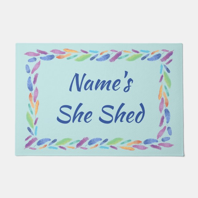 Add Name Edit Text She Shed Boho Blue Feathers     Doormat (Front)